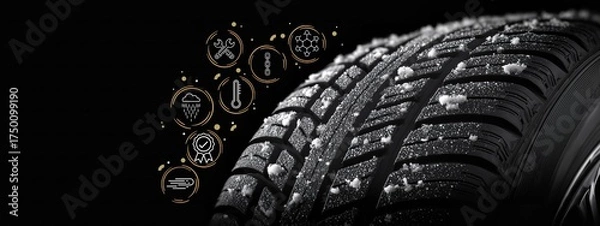 Fototapeta A tire is on a snowy road .