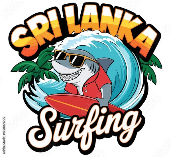Fototapeta Sri Lanka Surfing Logo Cool Shark Character with Surfboard Wave and Palm Trees Cartoon Vector