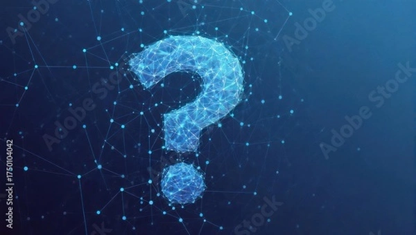 Obraz A stylized, glowing blue question mark made from interconnected digital nodes against a dark background