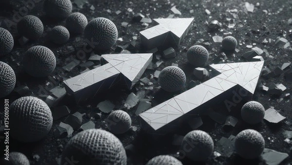 Obraz Abstract composition of arrows pointing upwards, surrounded by textured spheres on a cracked surface
