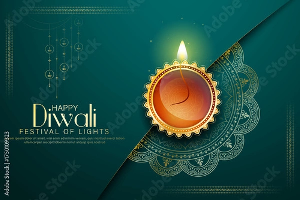 Obraz Happy Diwali - Vibrant Festival of Lights Celebration Background Poster Design With Decorative Diya.Indian Hindu Light Festival. Holiday Background. Vector Illustration.