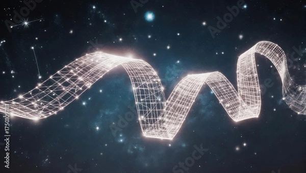 Obraz Abstract 3D rendering depicts a glowing wireframe ribbon against a starry cosmic background