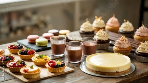 Obraz Assorted gourmet desserts and drinks on rustic table