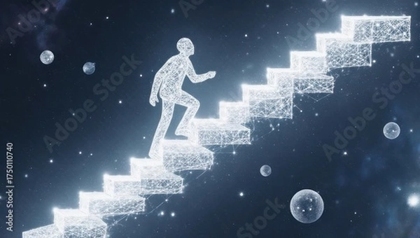 Obraz Abstract illustration of a person ascending glowing stairs against a cosmic, starry backdrop