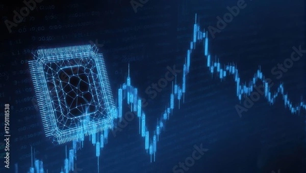 Obraz Blue-toned image with a circuit diagram overlaying a stock market graph, indicating technological data