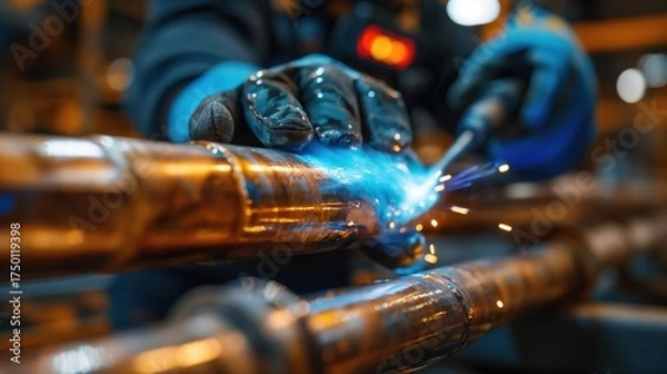 Fototapeta A plumber's hand welding copper pipes with a welding torch. Sparks fly as the metal joints are fused together. The scene is set in a workshop environment.