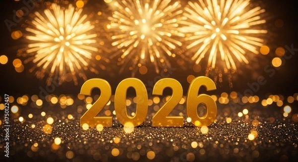 Fototapeta Happy New 2026 Letters with fireworks and golden bokeh , New Year eve 
