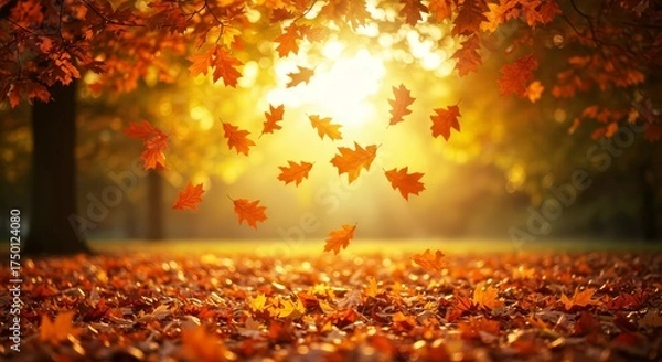 Obraz Beautiful autumn landscape with yellow trees and sun, Autumn leaves background, Falling leaves natural background