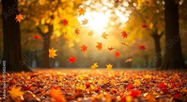 Obraz Beautiful autumn landscape with yellow trees and sun, Autumn leaves background, Falling leaves natural background