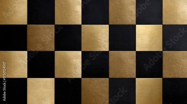 Fototapeta Seamless luxurious checkerboard pattern in black and metallic gold with textured, leather-like squares, creating a sophisticated and high-end design.