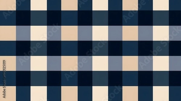 Fototapeta Seamless buffalo check pattern in dark navy, beige, and dusty blue, featuring large squares for a sophisticated, cozy, and masculine textile-style background.