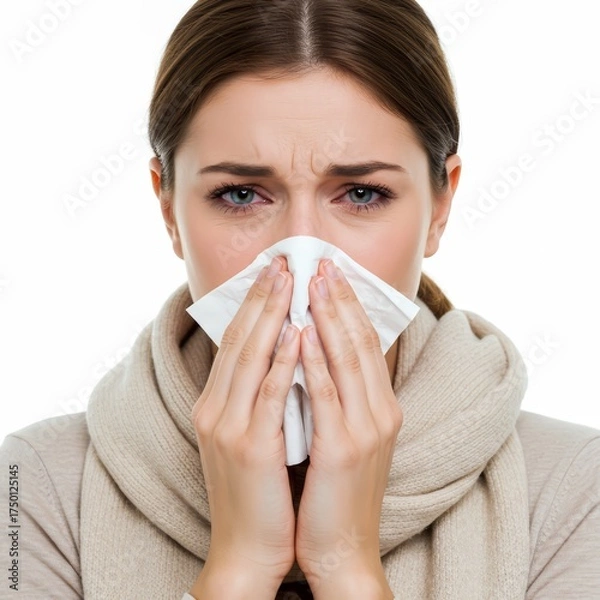 Fototapeta Close-up Of Nose, tissue and sick woman sneezing on white background 