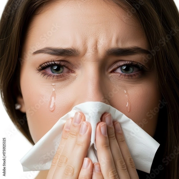 Fototapeta Close-up Of Nose, tissue and sick woman sneezing on white background 