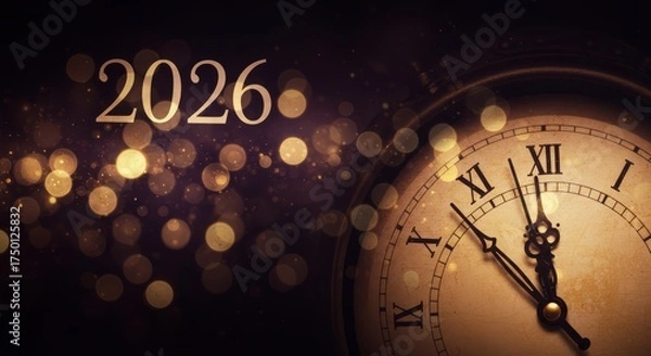 Obraz happy new year 2026 countdown clock on abstract glittering midnight sky with copy space, New Year Celebration festive party invitation card concept for new years eve 