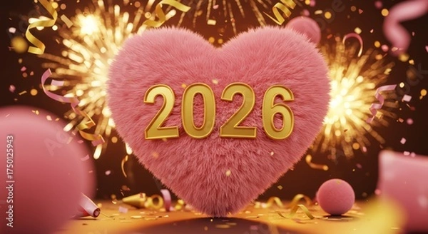 Obraz Happy New year Celebrating Golden Numbers 2026 On Soft Heart shape Pillow On Fireworks and sparkling Background New Year 2026 