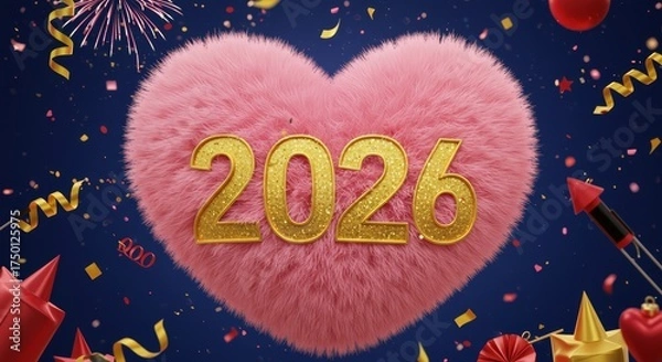 Obraz Happy New year Celebrating Golden Numbers 2026 On Soft Heart shape Pillow On Fireworks and sparkling Background New Year 2026 