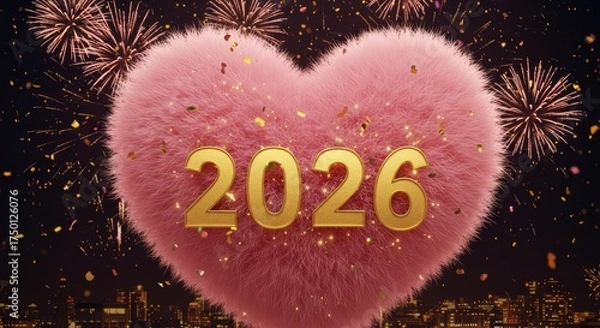 Obraz Happy New year Celebrating Golden Numbers 2026 On Soft Heart shape Pillow On Fireworks and sparkling Background New Year 2026 