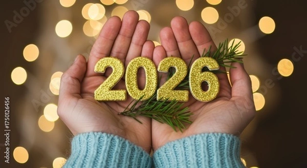 Obraz Female Hand Holding New Year 2026 Numbers In Hand On Golden Bokeh Background, new years eve, Celebrating 