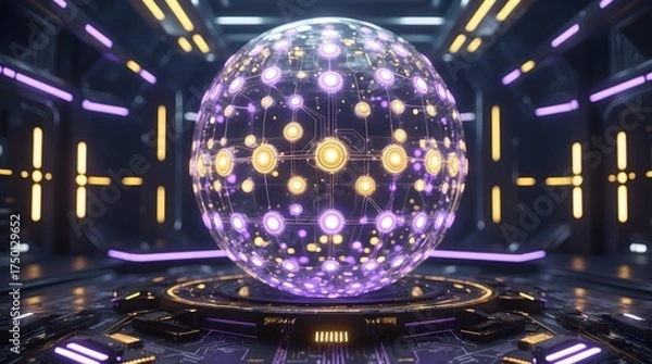 Obraz Cinematic digital artwork depicting glowing holographic data sphere levitating over high-tech platform surrounded by radiant circuits in surreal atmosphere