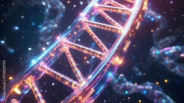 Obraz Futuristic 4K artwork showing glowing DNA helix constructed from glass and circuitry surrounded by holographic data particles and interstellar dust