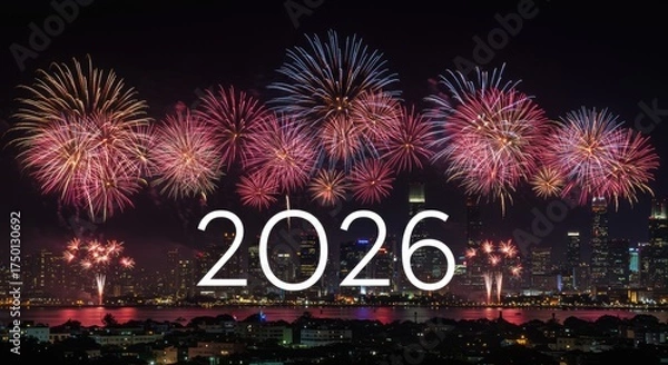 Obraz Vibrant Fireworks Display over City Skyline Celebrating 2026 New Year