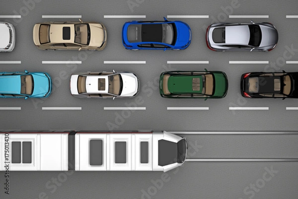 Obraz background of traffic of cars and train on rail from top view
