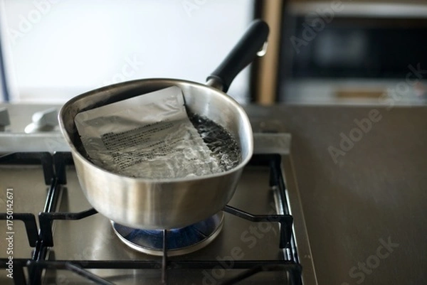 Obraz レトルトのカレーを鍋で温めているところ