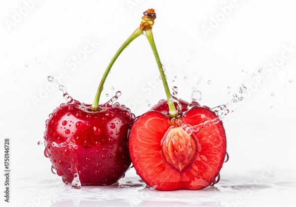 Fototapeta Three Fresh Cherries with Water Splash — Juicy Red Fruit with Cut Detail and Dynamic Motion on Glossy Surface