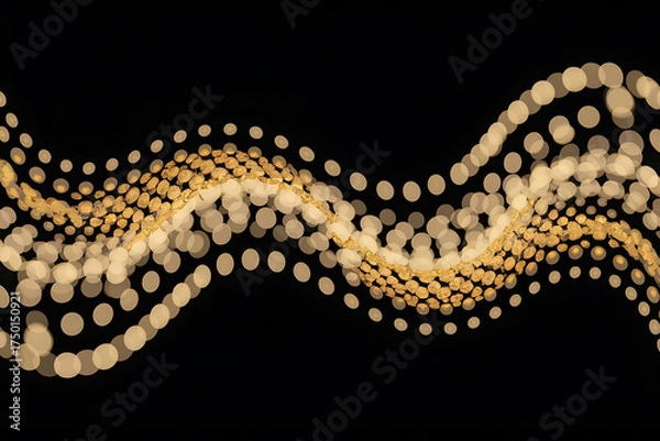 Obraz Golden particles form a flowing, wavy pattern against a dark background, creating a dynamic visual effect.