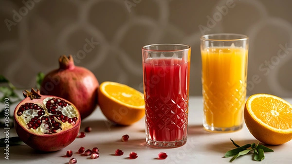 Obraz Pomegranate and orange juice in glasses, with fruit halves and seeds scattered around.