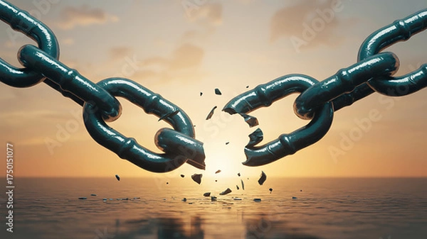 Obraz A broken chain against a vibrant sunset, symbolizing freedom, liberation, and overcoming obstacles.