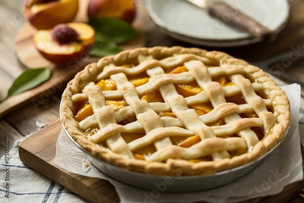 Obraz Fresh peach pie with lattice crust, golden filling, and rustic wooden presentation.