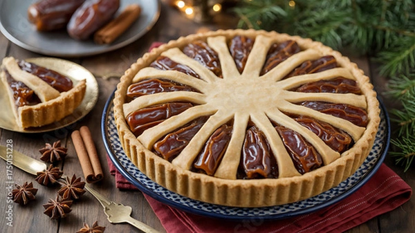 Fototapeta Dates filling a golden pie, surrounded by festive spices and a slice on a plate.