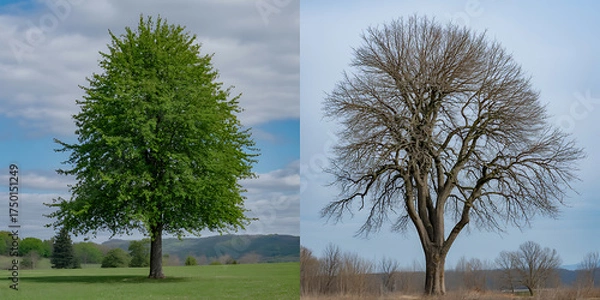 Obraz Lush green tree contrasts with a bare, stark tree against a bright sky.
