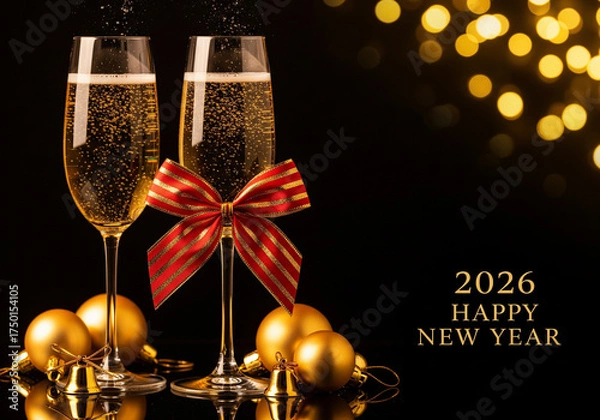 Fototapeta Happy New Year 2026 Celebration with Champagne Flutes and Gold Ornaments — Festive Ribbon and Sparkling Bokeh Lights