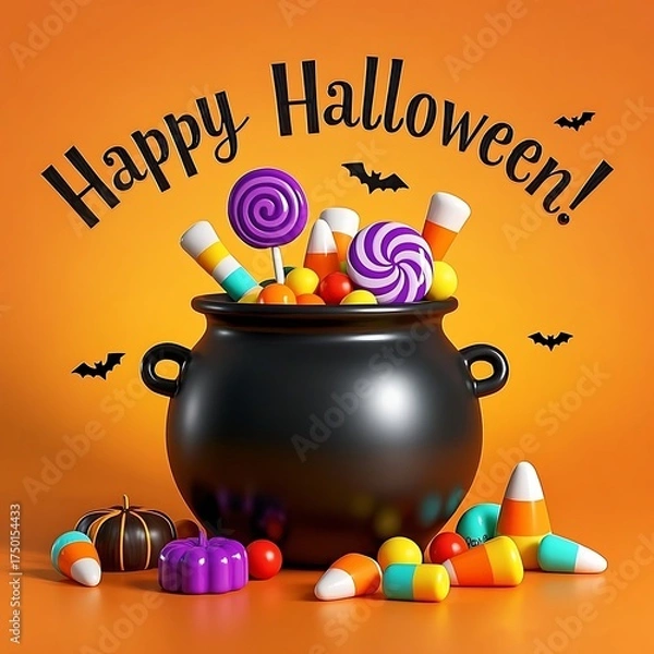 Obraz Happy halloween cauldron full of candy and lollipops
