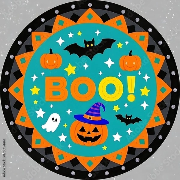 Obraz Halloween circle with pumpkins, ghost, bats and boo