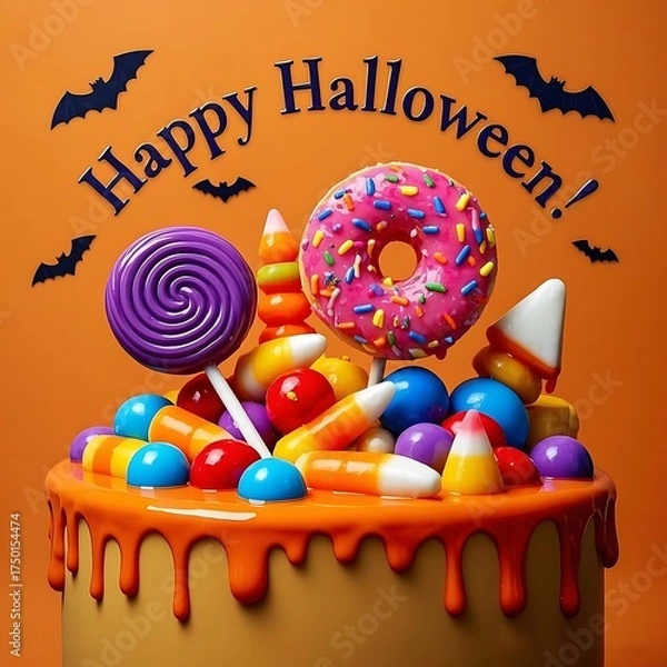 Obraz Happy halloween cake with assorted candies and donut