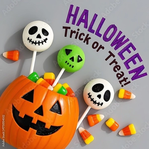 Obraz Halloween pumpkin with candy and skull pops