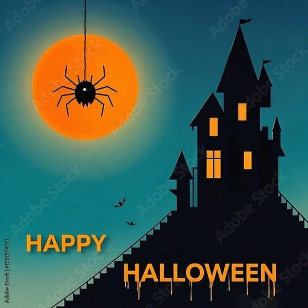 Obraz Happy halloween castle and spider on moon