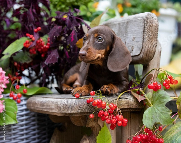 Obraz Такса щенок позирует на зеленом фоне