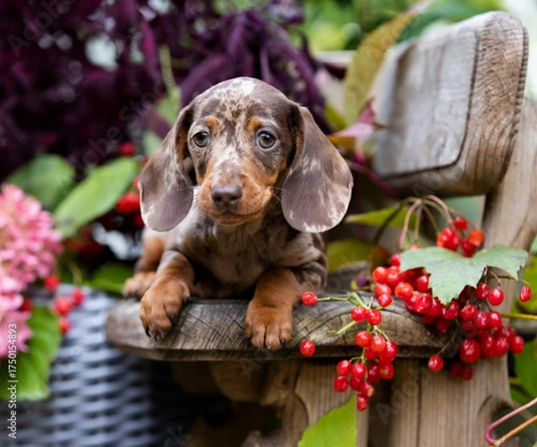 Obraz Такса щенок позирует на зеленом фоне