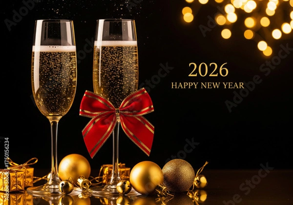 Fototapeta Happy New Year 2026 Celebration with Champagne Flutes and Gold Ornaments — Festive Ribbon and Sparkling Bokeh Light