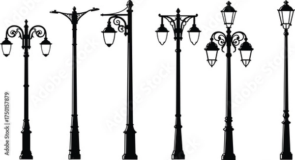 Fototapeta street, lamp, vintage, ornate, decorative, lantern, pole, silhouette, scrollwork, finial, urban, outdoor, city, architecture, design, vector, illustration, public, lighting, infrastructure, scenery