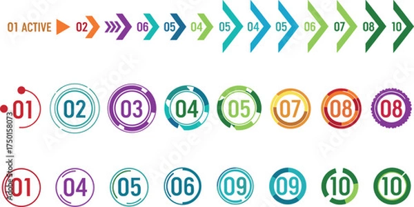Obraz A versatile collection of colorful numbered arrow and circle markers for creating infographics, timelines, and process diagrams