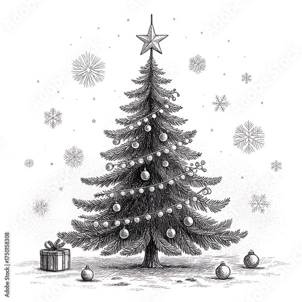 Obraz Vintage black and white illustration of a decorated christmas tree with snow