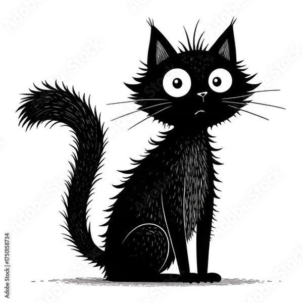 Obraz Funny black cat with wide eyes and messy fur sitting