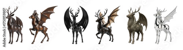 Fototapeta Winged deer set including wooden, bronze, black, metallic, stone, and silver variations isolated. Mythical creatures and fantasy art collection.