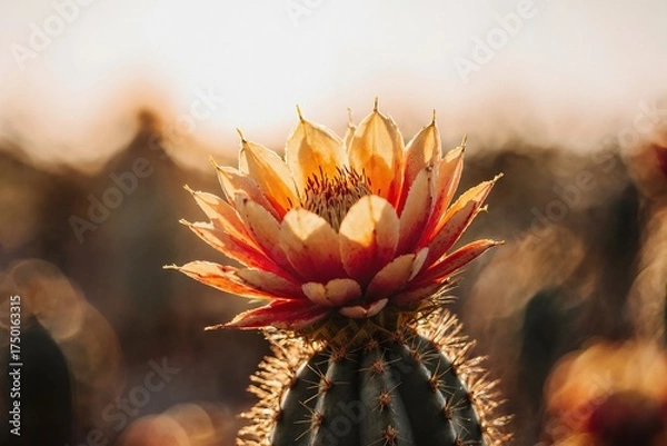 Fototapeta Cactus Flower Bloom at Golden Hour: Close-Up Of Orange-Red Petals On Spiny Desert Plant