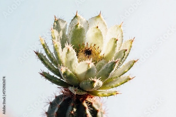 Obraz Close-Up Of A Succulent Cactus With Bright Green Foliage And Spines Against A Clear Sky